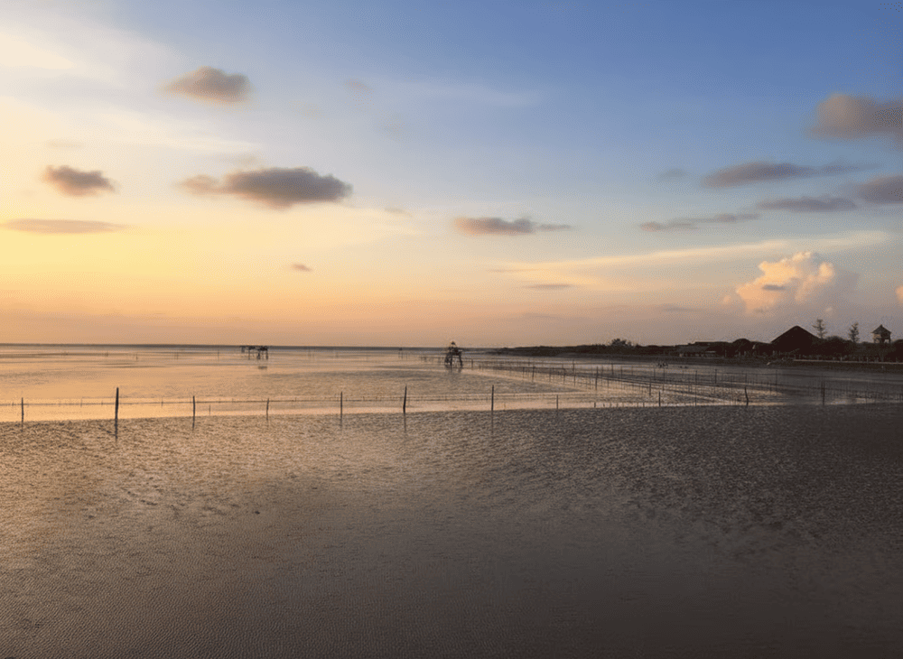 Khi thuỷ triều rút, biển sẽ lộ ra bãi cát đen mịn độc đáo